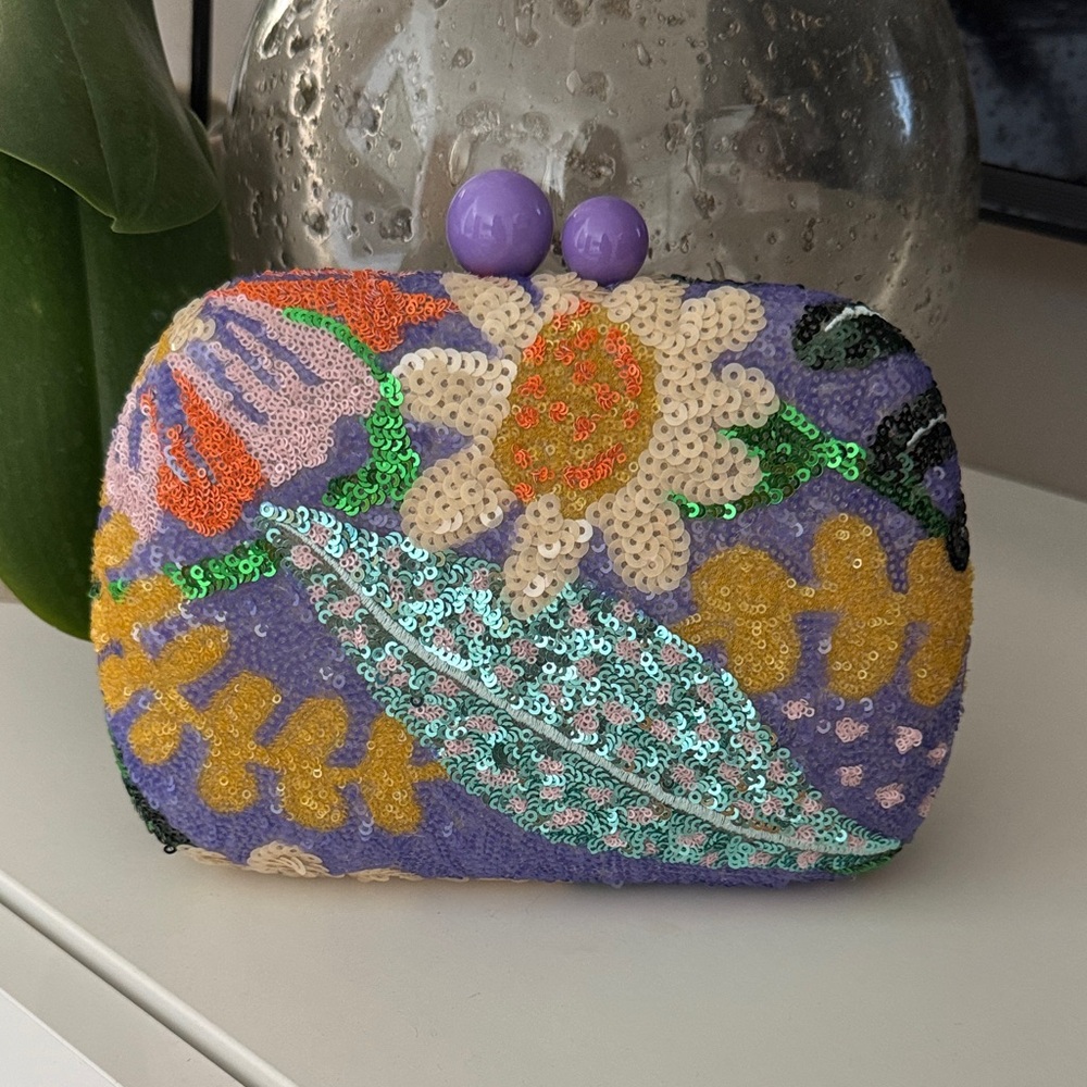 Floral Sequin Clutch with Purple Accents